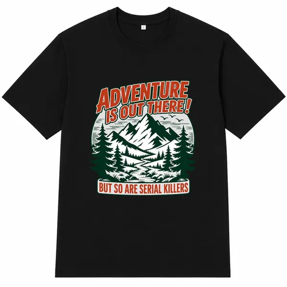 Outdoor Camping Adventures - Camiseta negra con estampado de letras